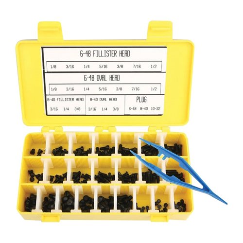 Il GUN SCREW ASSORTMENT offre un assortimento di 12 viti per ciascuna delle 23 dimensioni più popolari, trattate termicamente e bluate, a un prezzo conveniente.