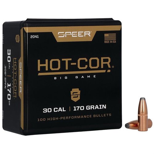 Le pallottole Hot-Cor 30 Caliber (0.308") 170gr Soft Point Flat Nose offrono prestazioni affidabili e precisione superiore grazie alla loro costruzione senza vuoti.