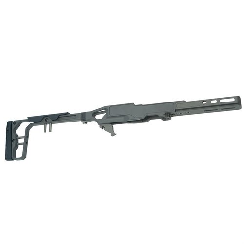LaChassis 10/22 offre un design leggero e modulare, con punti di tensione posteriori, compatibilità AR, forend M-Lok e una calciatura pieghevole per un'esperienza di tiro ottimale.