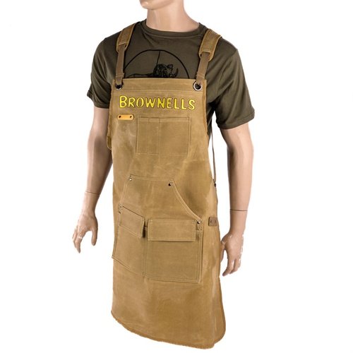 L'Apron Premium Brownells in tela cerata offre resistenza, 5 tasche, un loop per martello e spallacci imbottiti per il massimo comfort durante il lavoro.