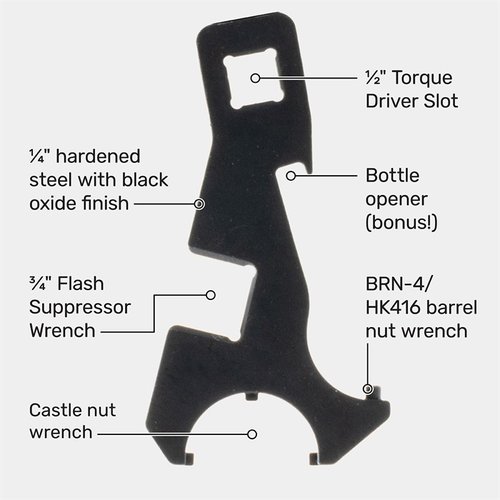 Il Brownells BRN-4/HK416 Combo Wrench è un attrezzo multifunzionale per smontaggio e rimontaggio, con strumenti per castle nut, barrel nut e flash hider.