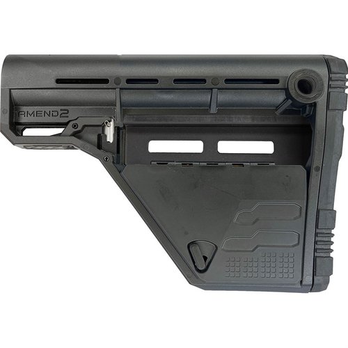 L'AMS Modular Stock offre un design versatile con compartimenti per batterie e accessori, costruzione in polimero resistente e supporto M-LOK® per massima personalizzazione.