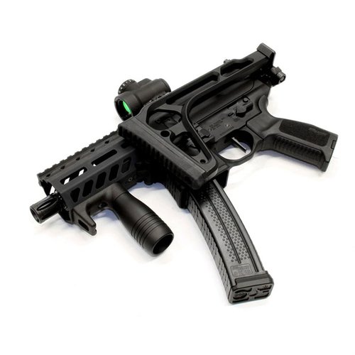Il MODULAR VERTICAL FOREGRIP W/INTEGRATED HANDSTOP offre una presa modulare, un hand stop integrato e materiali di alta qualità per pistole e fucili a canna corta.