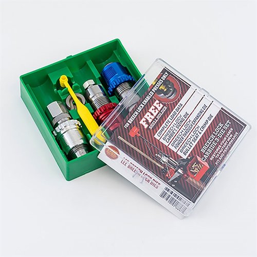 Il set di die Lee Breech Lock Carbide 3-Di per .44 SPL/Magnum include un die di ridimensionamento, uno di caricamento proiettili e uno di espansione, con accessori inclusi.