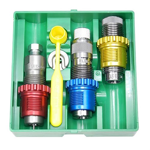 Il set di die Lee Breech Lock 3-Dies per .223 Remington offre die colorate per facile identificazione, Full Length Sizing Die e Factory Crimp Die per ricariche precise.