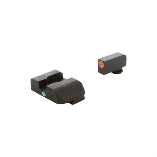 Le mire notturne AMERIGLO® i-Dot per Glock® Gen 5 offrono un allineamento verticale rapido e facile, con tritio verde e contorni arancioni per una visibilità ottimale.