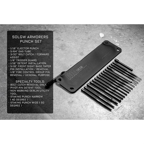 Il set di punte SOLGW Armorer's offre 16 pezzi trattati QPQ, inclusi punte a punta piatta, punte per roll pin e strumenti specializzati per una manutenzione precisa.