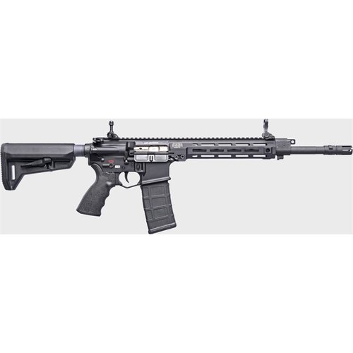 Fucile semi-automatico R20 Rahe 5.56 NATO con sistema modulare, canna da 14.3", mira flip-up LMT, manico ambidestro e capacità di 30 colpi.