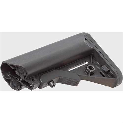 Il LMT SOPMOD Buttstock offre un comfort superiore con un buttpad gommato, miglior supporto per il viso, compartimenti impermeabili e inserti QD su entrambi i lati.