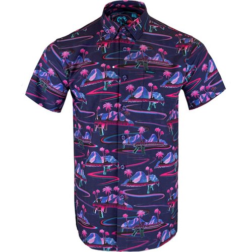 La RETRO RIFLE SHORT SLEEVE BUTTON DOWN SHIRT è leggera e traspirante, realizzata in 97% Polyester e 3% Spandex, perfetta per il comfort e lo stile.