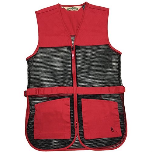 Il gilet da tiro BOB ALLEN in rete offre leggerezza e ventilazione, con cuscinetti duali per tiratori mancini e destri, tasche frontali e compatibilità Insert-A-Pad.