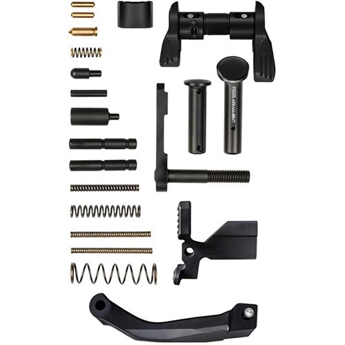 Il kit di parti per receiver inferiore RISE ARMAMENT per AR-15 include tutti i pezzi mil-spec essenziali, offrendo flessibilità per aggiornamenti aftermarket.