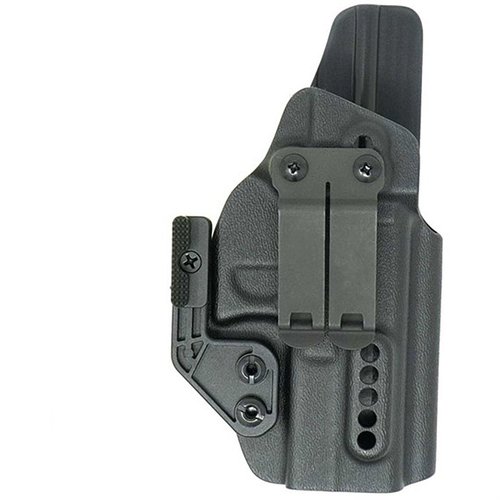 L'X PRIORITY 1 IWB Holster offre ritenzione regolabile, supporto per ottiche e design aperto per canne filettate, ottimizzando la portabilità e la stabilità.