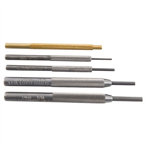 Il set di punzoni PISTOL PUNCH SET di LYMAN include cinque punzoni in acciaio e ottone, progettati per la disassemblaggio e riassemblaggio delle pistole, con manici zigrinati per una presa sicura.