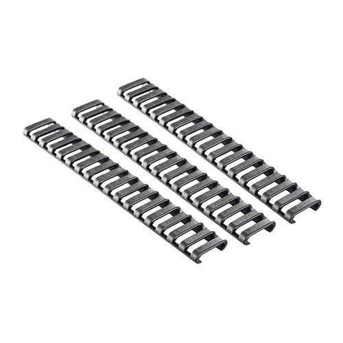 Il Picatinny Ergo 18 Slot Ladder Rail Cover 3-pack protegge il tuo rail e le tue mani, è realizzato in polimero, tagliabile per una vestibilità personalizzata e offre una presa sicura.