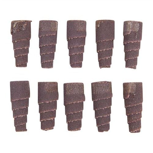 I TAPERED ROLLS di MERIT ABRASIVE PRODUCTS facilitano l'accesso a spazi ristretti, con grana 120 in ossido di alluminio su supporto in tessuto resistente.