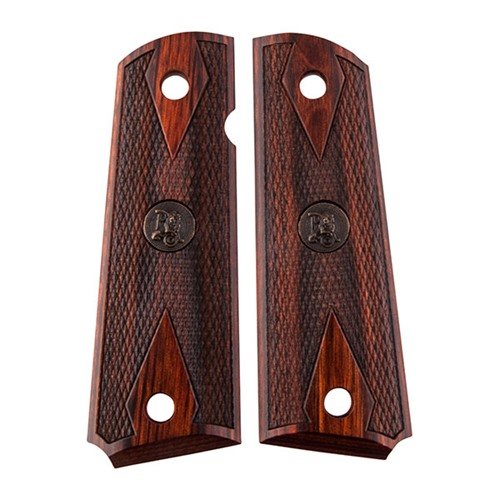 Le impugnature 1911 American Legend di Pachmayr offrono una presa eccellente con checkering pulito, design in legno di rose e inserti medaglione.