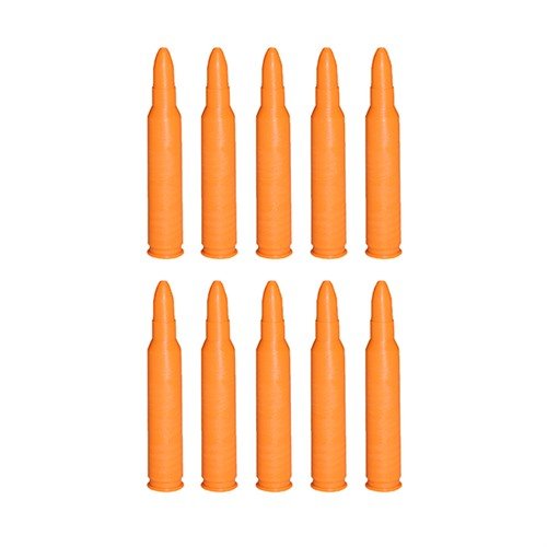 Le SAF-T-TRAINERS Dummy Rounds in plastica arancione sono ideali per esercitazioni, evitando confusioni con munizioni vere grazie al loro colore vivace.