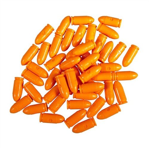 I SAF-T-TRAINERS Dummy Rounds sono realizzati in plastica arancione brillante, ideali per l'addestramento, evitando confusione con munizioni vere.