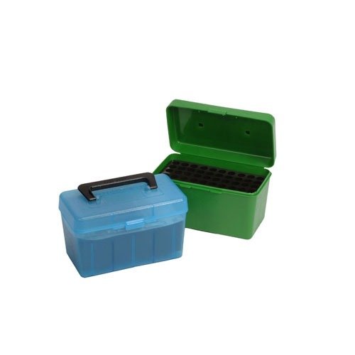 La HANDLE CARRY RIFLE AMMO BOX offre protezione ottimale per le munizioni, manico pieghevole e design impilabile, ideale per trasportare fino a 50 colpi.