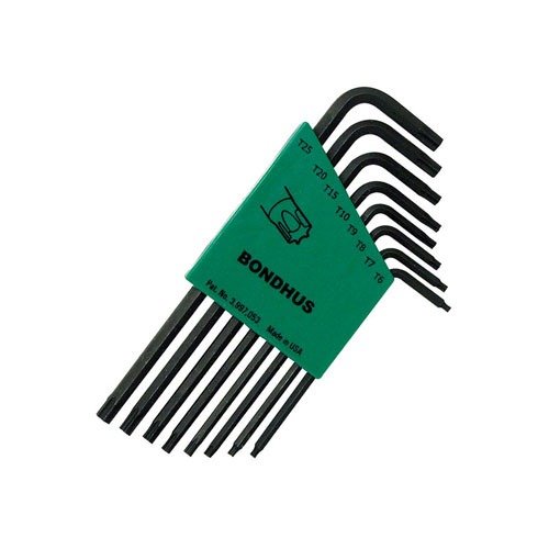 Il set di chiavi Torx BONDHUS da 8 pezzi include T6, T7, T8, T9, T10, T15, T20 e T25, conservato in una cartella con chiusura per evitare perdite.