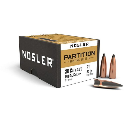 Le palle NOSLER® Partition® 30 Caliber (0.308”) offrono espansione controllata, massima ritenzione del peso e penetrazione profonda per un'energia devastante.