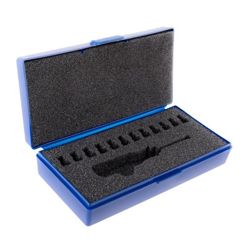 Il FLASH HOLE DEBUR KIT CASE di Sinclair International conserva il tuo Piloted Flash Hole Deburring Tool e fino a 12 neck pilots, ideale per cartucce da 22 a 45 calibro.