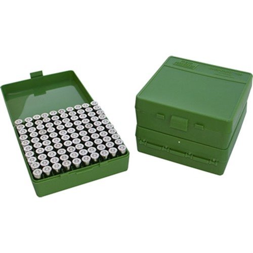 Le FLIP TOP PISTOL AMMO BOX 9MM-380 ACP di MTM CASE-GARD offrono un trasporto sicuro per 100 colpi, superficie antiscivolo, impilabili e garanzia di 25 anni.
