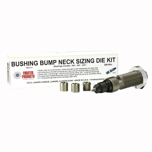 I kit di die Bushing Bump Neck Forster offrono un controllo preciso della tensione sul collo delle cartucce, con un die lucidato a mano e tre bushing selezionati.
