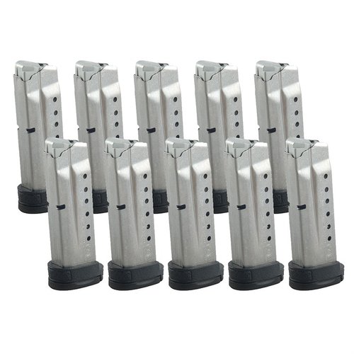 Le riviste M&P Shield 9mm di Smith & Wesson offrono capacità di 7 o 8 colpi, costruzione in acciaio e base estesa per una presa migliore. Non compatibili con M&P Shield M2.0.