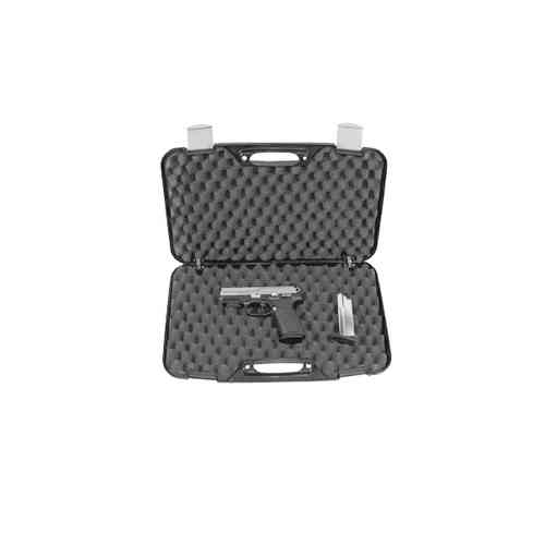 Scopri la VALIGIA PER PISTOLA MEGALINE: compatta (50x30x8,5 cm), con 2 clips e cerniere metalliche per una protezione sicura e un trasporto facile.